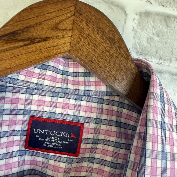 UNTUCKit Dolcetto Slim Fit Pink & Navy Plaid WF Button Up Shirt Mens LARGE - Picture 3 of 8